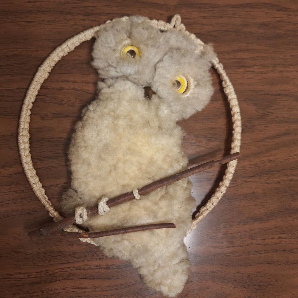 Vintage 70's Handmade Macrame Owl Wreath Wall Hanging Fuzzy Boho Fiber Art